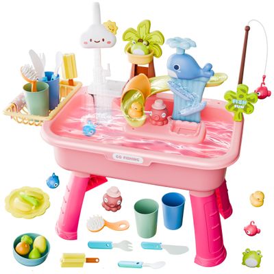 MeXYZ 2026 Upgraded Water Table for Toddlers 1-3, Kids Mini Play Sink Toys with Running Water & Electric Pump, Kitchen Sink Sensory Toy, Fishing Game Outdoor Water Play Table for Kids Ages 4-8, Pink