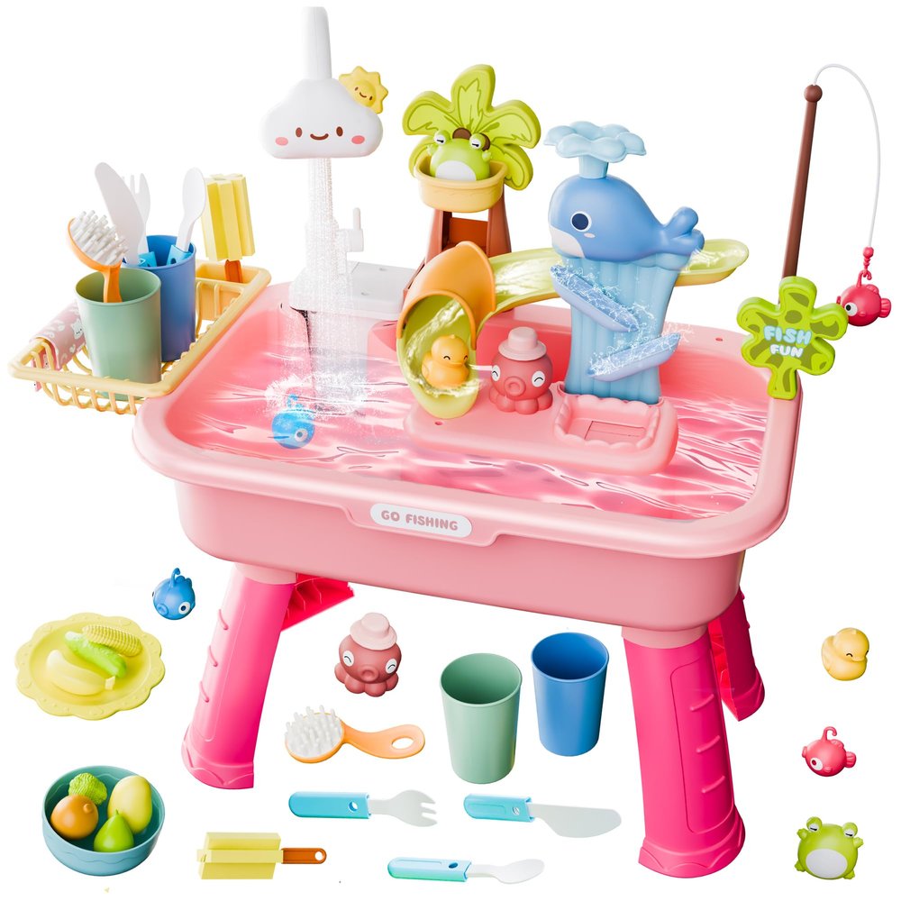 MeXYZ 2026 Upgraded Water Table for Toddlers 1-3, Kids Mini Play Sink Toys with Running Water & Electric Pump, Kitchen Sink Sensory Toy, Fishing Game Outdoor Water Play Table for Kids Ages 4-8, Pink