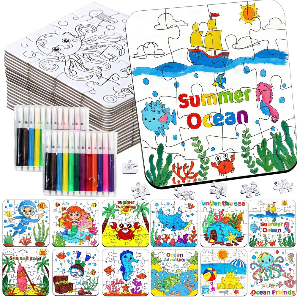 24 Set Summer Crafts for Kids Bulk, Summer Ocean Activities Puzzle with Mermaid Fish Starfish Animal, Camp Beach Arts and Crafts Classroom Gifts, Under the Sea Theme Party Favors, June Coloring Games