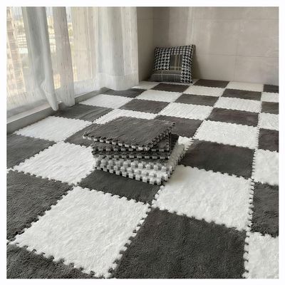 10pcs Fluffy Area Rugs Puzzle Pieces Carpet Plush Bedroom Shop Square Foam Floor Mat Tiles Plush Easy to Clean Soft Fuzzy Climbing Activity Mat(Gray+White,15 pcs)