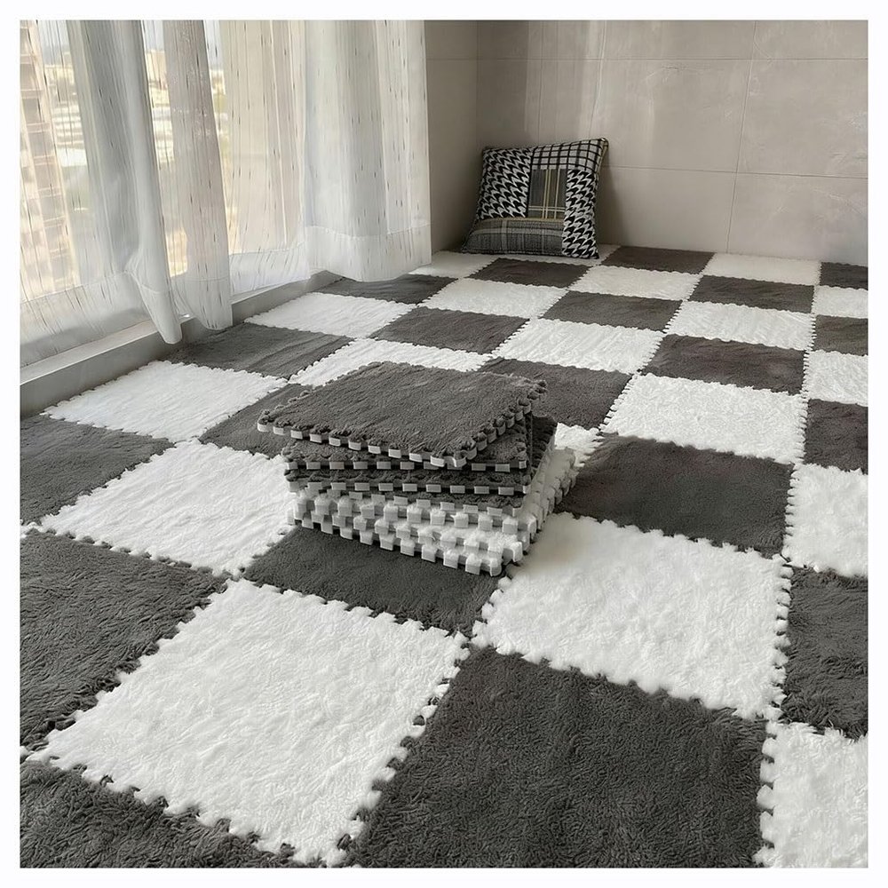 10pcs Fluffy Area Rugs Puzzle Pieces Carpet Plush Bedroom Shop Square Foam Floor Mat Tiles Plush Easy to Clean Soft Fuzzy Climbing Activity Mat(Gray+White,15 pcs)