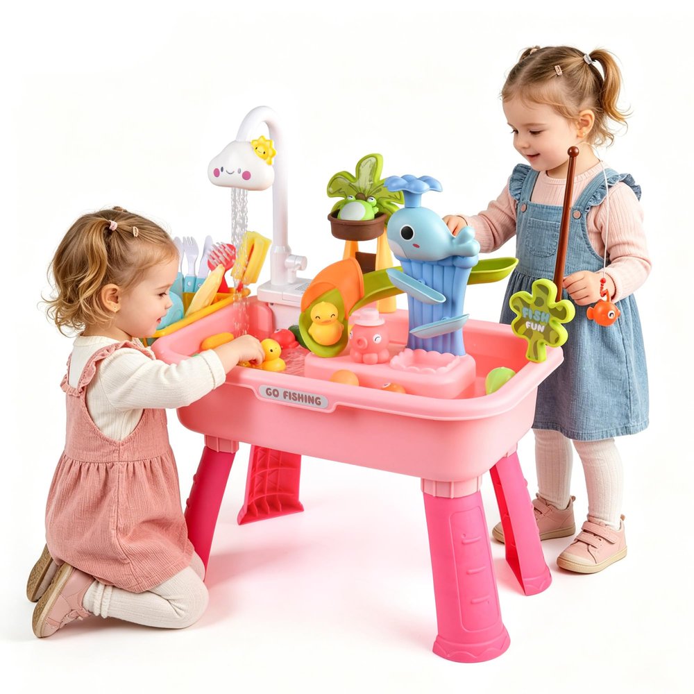 Kids Sand Water Table 4-in-1 Kitchen Sink Toy with Electric Water Pump, Faucet, Play Food Accessories & Fishing Set, for Boys & Girls Age 3+ (Pink-Cloud)