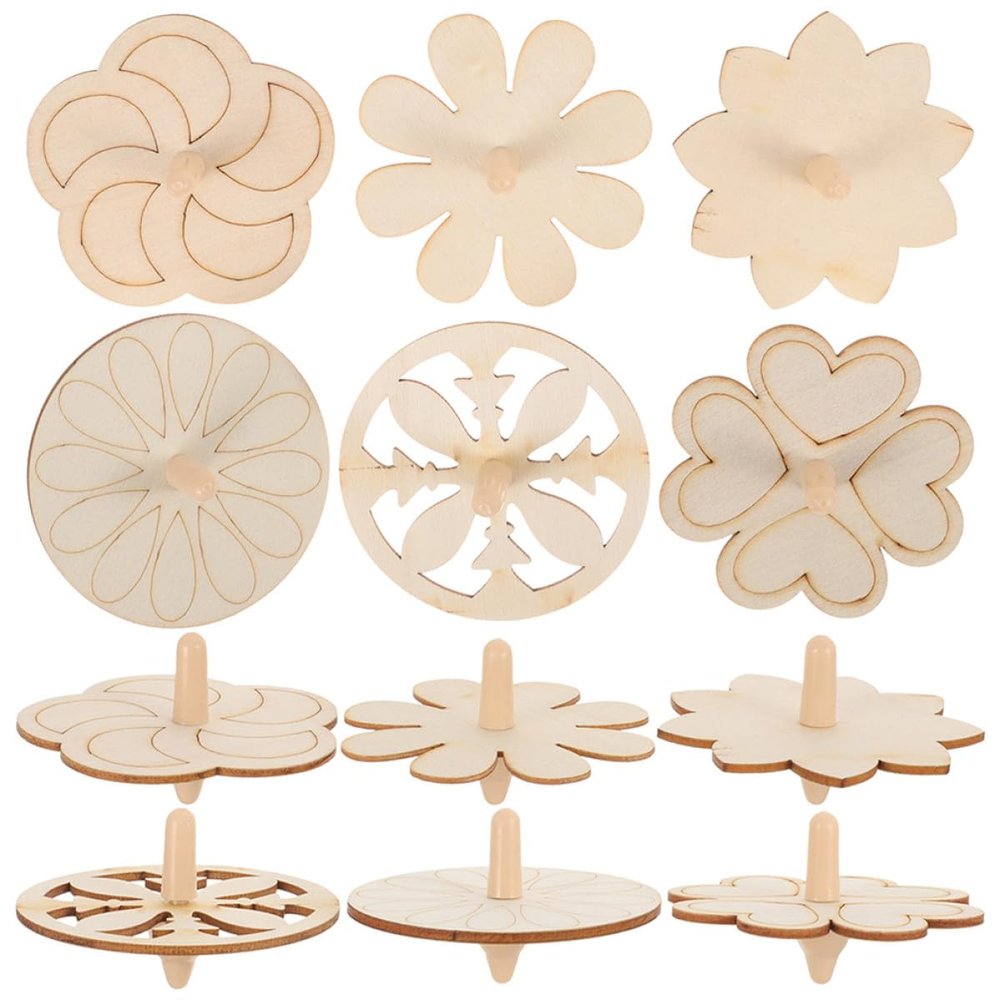 Beaupretty 18pcs Wooden Gyro for DIY Painting Set with Novelty Shapes Including Plum Blossom, Petal, Clover, and Nine-Pointed Star, Unfinished Spinning Tops for Creative Play and Preschool