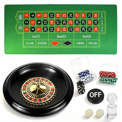 Goroovr Casino Night Complete Game Set Include 16'' Green Roulette Wheel 35" X 16" Rubber Tabletop Layout Mat, 100 Chips Dealer Button Win Marker Casino Game Sets Gift Ideas