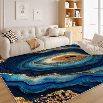 Blue Gold Marble Rug - Neutral Modern 3x5 Rugs for Bedroom Living Room Low Pile Indoor Washable Abstract Aesthetic Door Mat Non-Slip Floor Carpet Pet & Kid Friendly Room Decor for Boys Girls V116