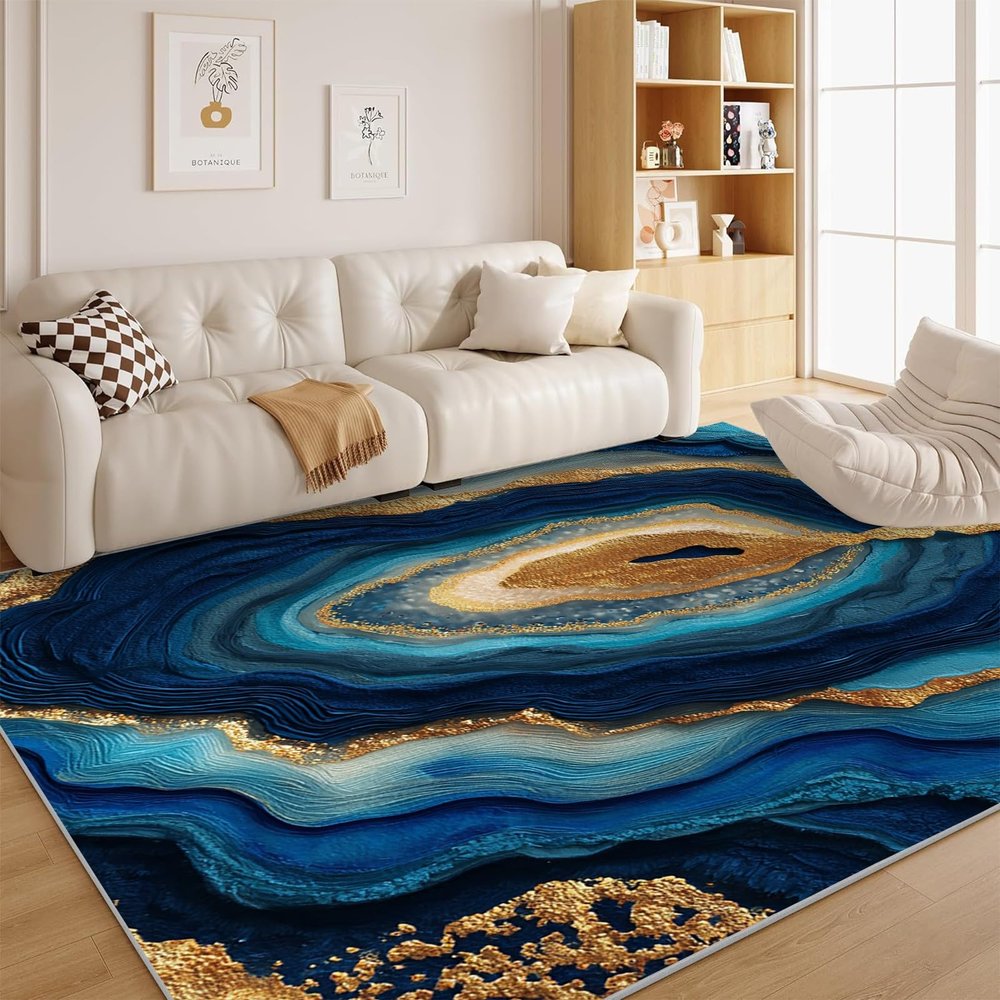 Blue Gold Marble Rug - Neutral Modern 3x5 Rugs for Bedroom Living Room Low Pile Indoor Washable Abstract Aesthetic Door Mat Non-Slip Floor Carpet Pet & Kid Friendly Room Decor for Boys Girls V116