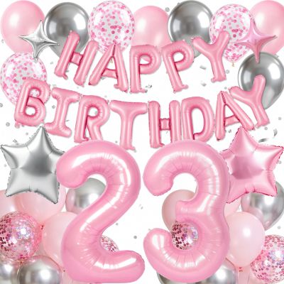 32PCS Pink and Silver Balloons, Number 23 Balloons, Pink Happy Birthday Balloons Banner Mylar Foil Letters, Birthday Decorations with Star Balloons, 23th Birthday Decorations for Women Men