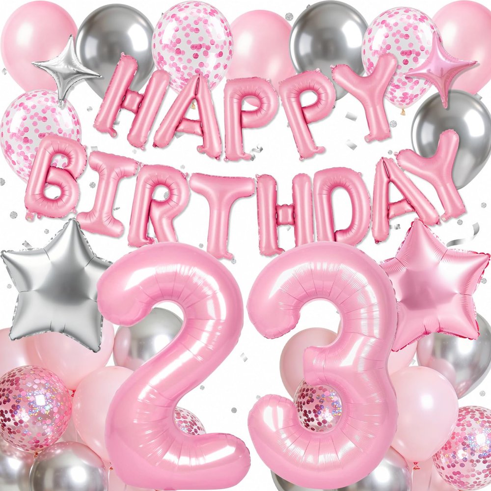 32PCS Pink and Silver Balloons, Number 23 Balloons, Pink Happy Birthday Balloons Banner Mylar Foil Letters, Birthday Decorations with Star Balloons, 23th Birthday Decorations for Women Men