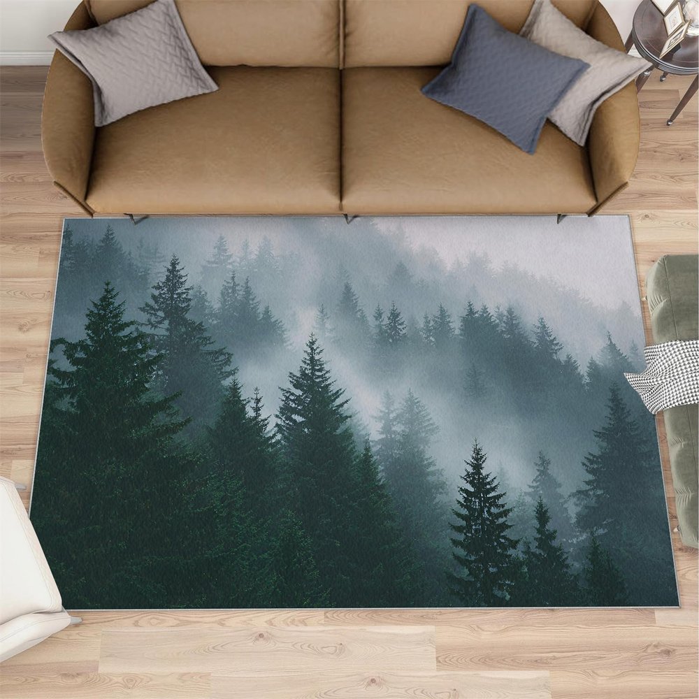 Forest Rug for Kids Room, Misty Forest Rug 5x6, Natural Scenery Bedroom Rugs Washable & Non Slip Carpet for Home Decor
