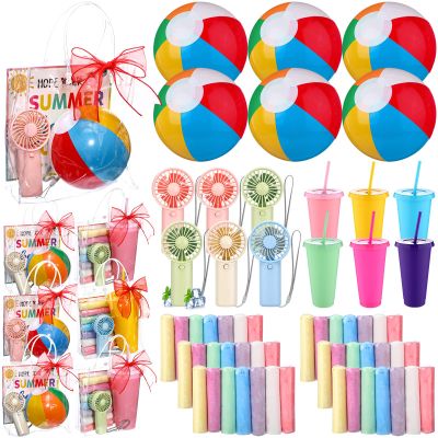 73 Pcs End of Year Student Gifts Pool Beach Party Favors 6 Set Party Gift Bag Stuffers Set with Handheld Fans Reusable Tumblers Mini Beach Balls Sidewalk Chalk Bag Card Summer Birthday Supplies