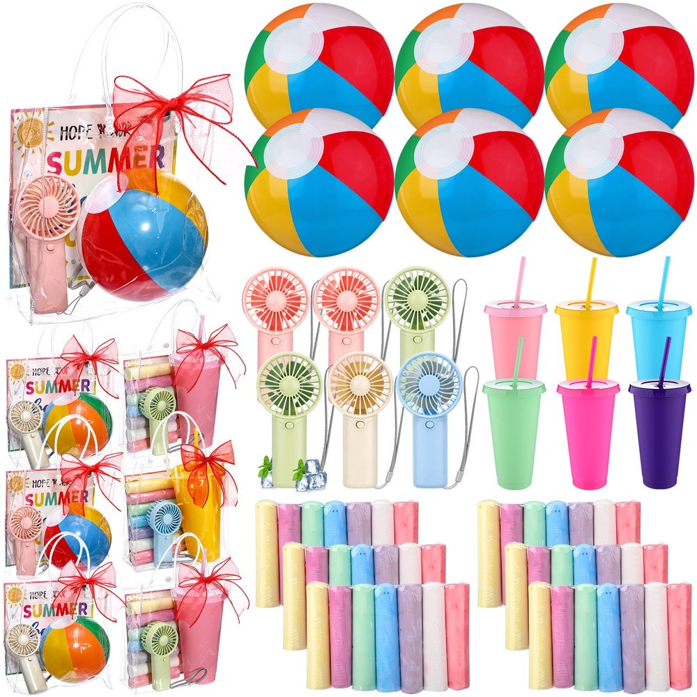 73 Pcs End of Year Student Gifts Pool Beach Party Favors 6 Set Party Gift Bag Stuffers Set with Handheld Fans Reusable Tumblers Mini Beach Balls Sidewalk Chalk Bag Card Summer Birthday Supplies