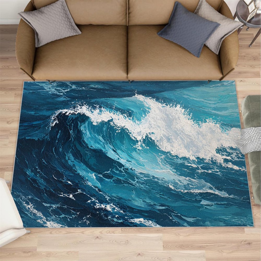 Waves Rugs for Boys Room, Ocean Area Rug 4x5, Waves Ocean Oil Painting Outdoor Rug Washable & Non Slip Carpet for Home Decor