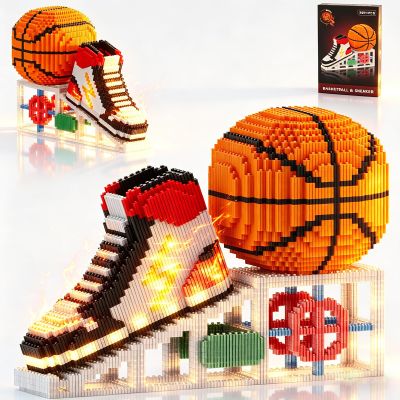 2026 Basketball with Sport Sneaker Micro Building Block Set, 3D Realistic Basketball Luminous Red-black Shoe Crystal Stand STEM Bricks, DIY Educational Ball Birthday Day Gift for Teen, Adult(3091PCS)