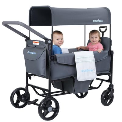 MOMFANN Stroller Wagon for Kids, Double Wagon Stroller Toddlers, All-Terrain Baby Wagon Outdoor with Canopy & 2 Seaters, Adjustable Handle & Pull Bar for Infants and Toddlers, Gray