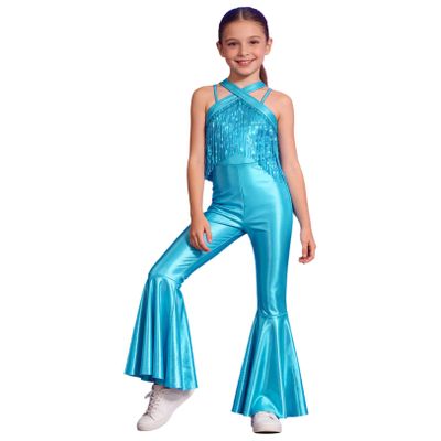 JEATHA Kids Girls Sleeveless Metallic Flared Pants Jumpsuit 70s Party Outfits Stage Performance Dance Costume Blue 6