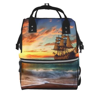 FHEDVBN pirate ship in the sunset Diaper Bag Backpack for Women Multifunction Waterproof Mummy Backpacks for Mom Dad, Large Capacity Nappy Bag with Changing Pad Casual Daypack Travel Bags