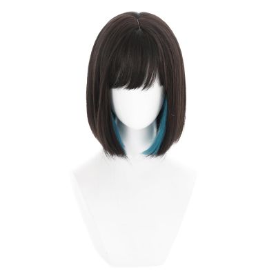 CHROMANTRA ALIEN STAGE Sua Cosplay Wig, Short Brown with Blue Highlights, Heat Resistant Synthetic Hair, Straight Style with Bangs for Anime Costume Party