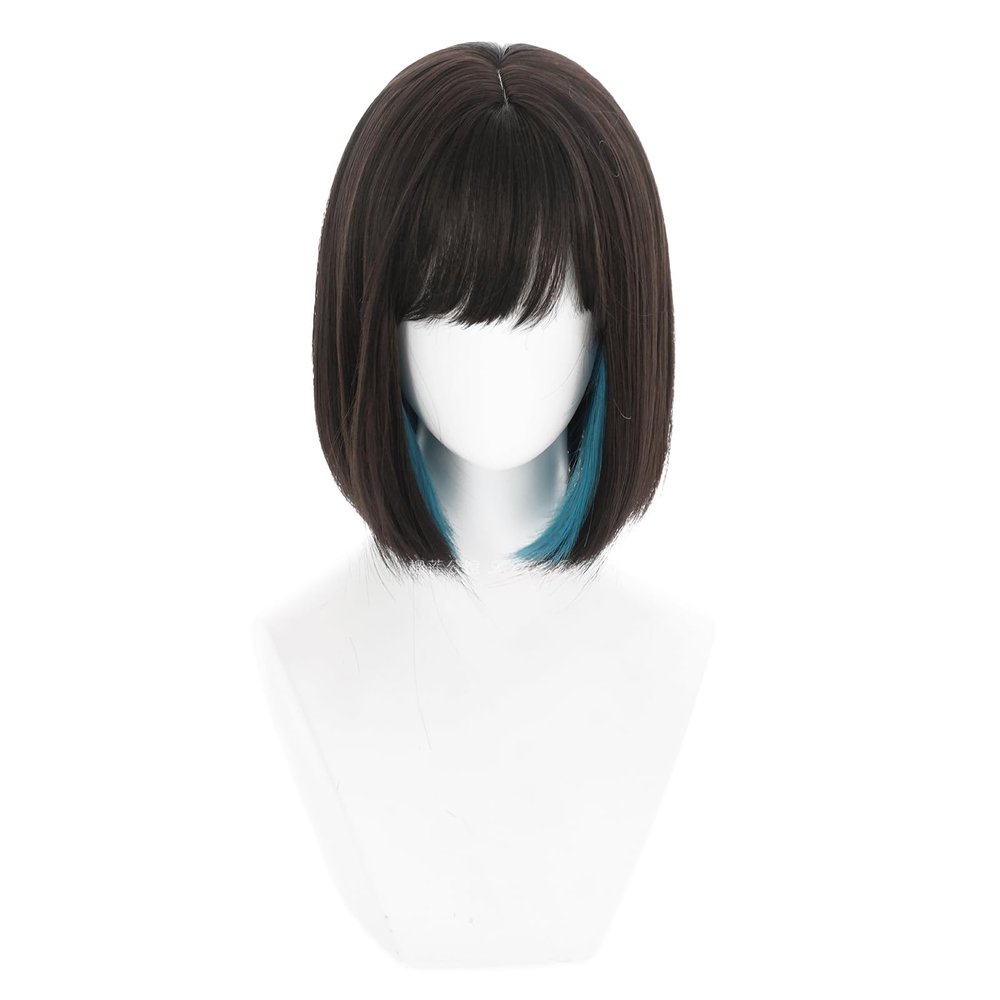 CHROMANTRA ALIEN STAGE Sua Cosplay Wig, Short Brown with Blue Highlights, Heat Resistant Synthetic Hair, Straight Style with Bangs for Anime Costume Party