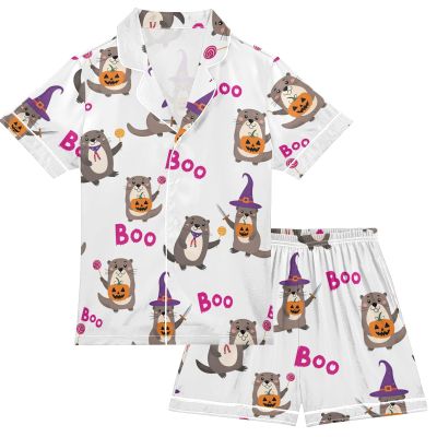 Pfrewn Silk Satin Pajamas Set Cute Otter Wear Halloween Costume-2 Button Down Sleepwear Loungewear 9-10Y