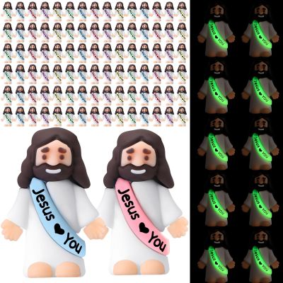 Bememo 50 Pcs Mini Jesus Figures Original Design Jesu Love You Glow in The Dark Little Rubber Toys to Hide and Seek Religious Party Favors Sunday School Baptism Gifts (Jesus Love You)