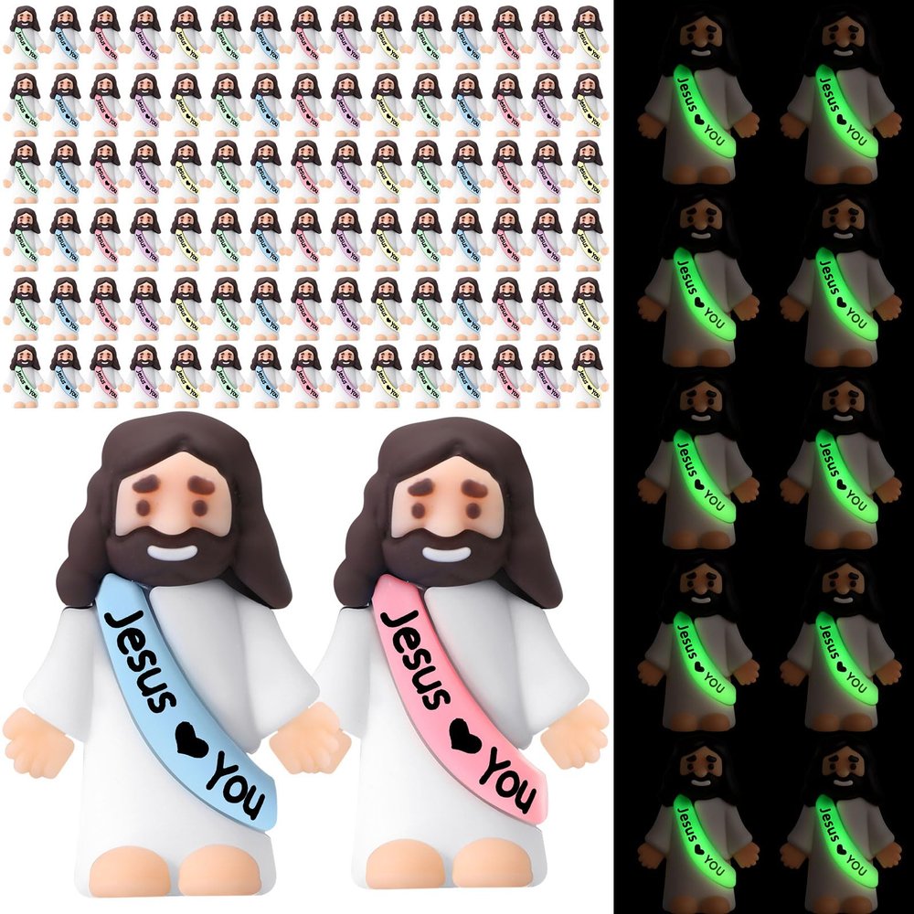 Bememo 50 Pcs Mini Jesus Figures Original Design Jesu Love You Glow in The Dark Little Rubber Toys to Hide and Seek Religious Party Favors Sunday School Baptism Gifts (Jesus Love You)