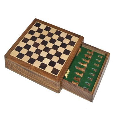 12-Inch Magnetic Travel Chess Set with Drawer Storage Matte Finish Rosewood, Extra Queens