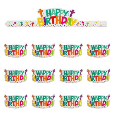 18 1/2" 21 1/2" Religious Happy Birthday Cross Adjustable Paper Crowns 12 Pc.