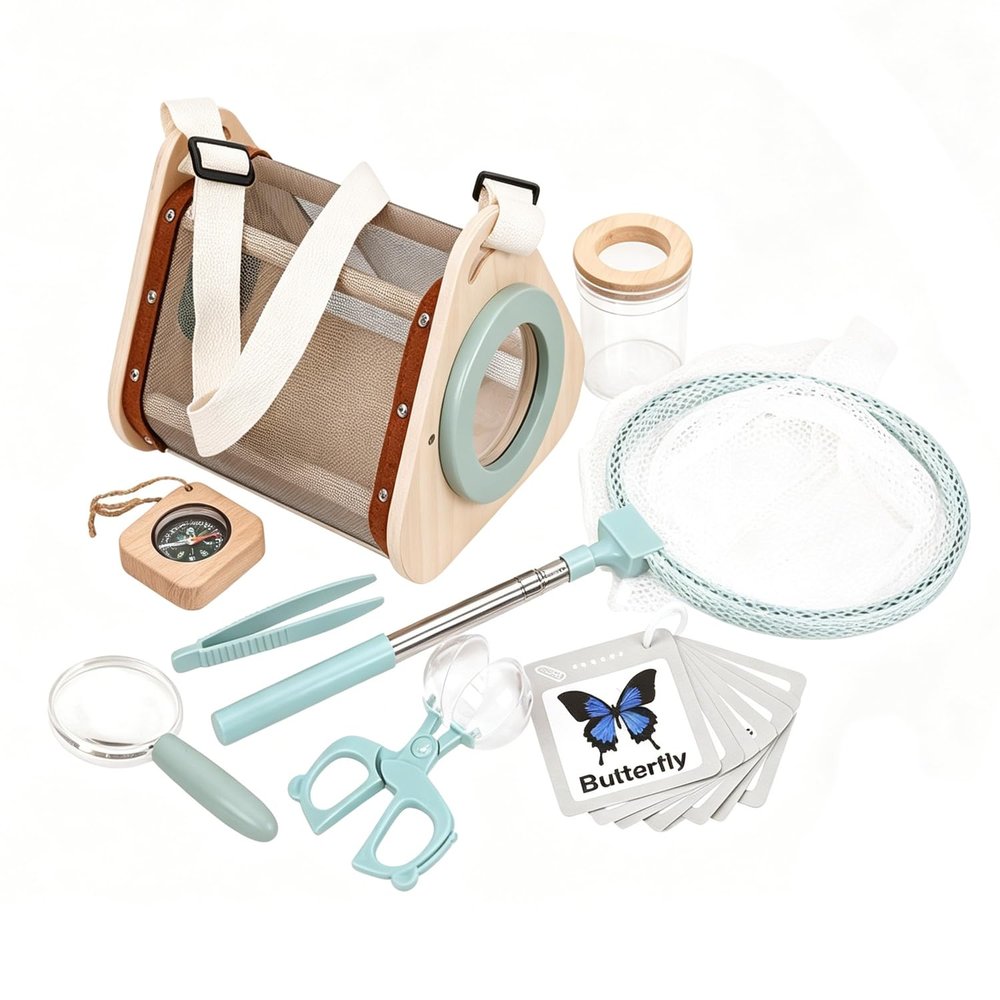Benhurb Wooden Bug Catcher Kit for Kids, Wooden Toys, Bug Catching Set, Kid Gardening Explorer Kit with Magnifying Glass Butterfly Net, Catch & Release Adventure Set for Backyard & Camping