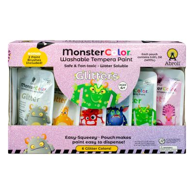 Abroli MonsterColor Washable Tempera Paint, 5 oz., Glitter, 6-Pack