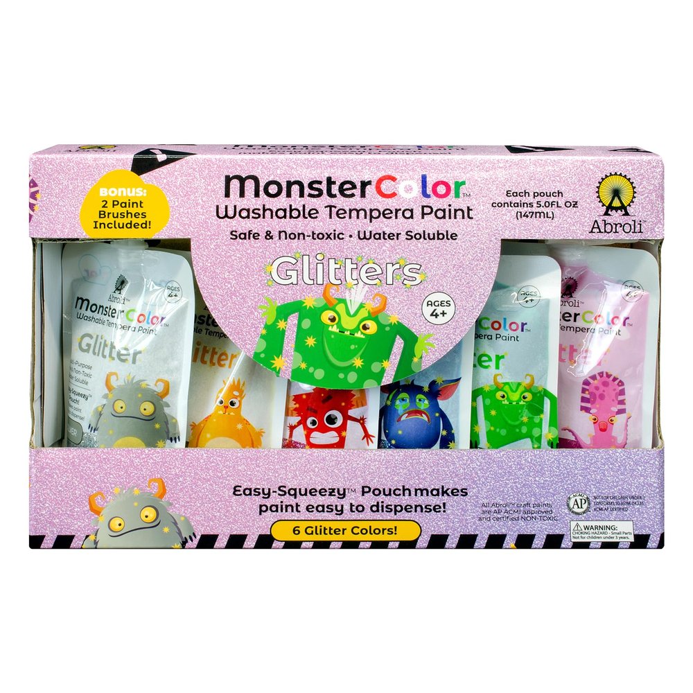 Abroli MonsterColor Washable Tempera Paint, 5 oz., Glitter, 6-Pack