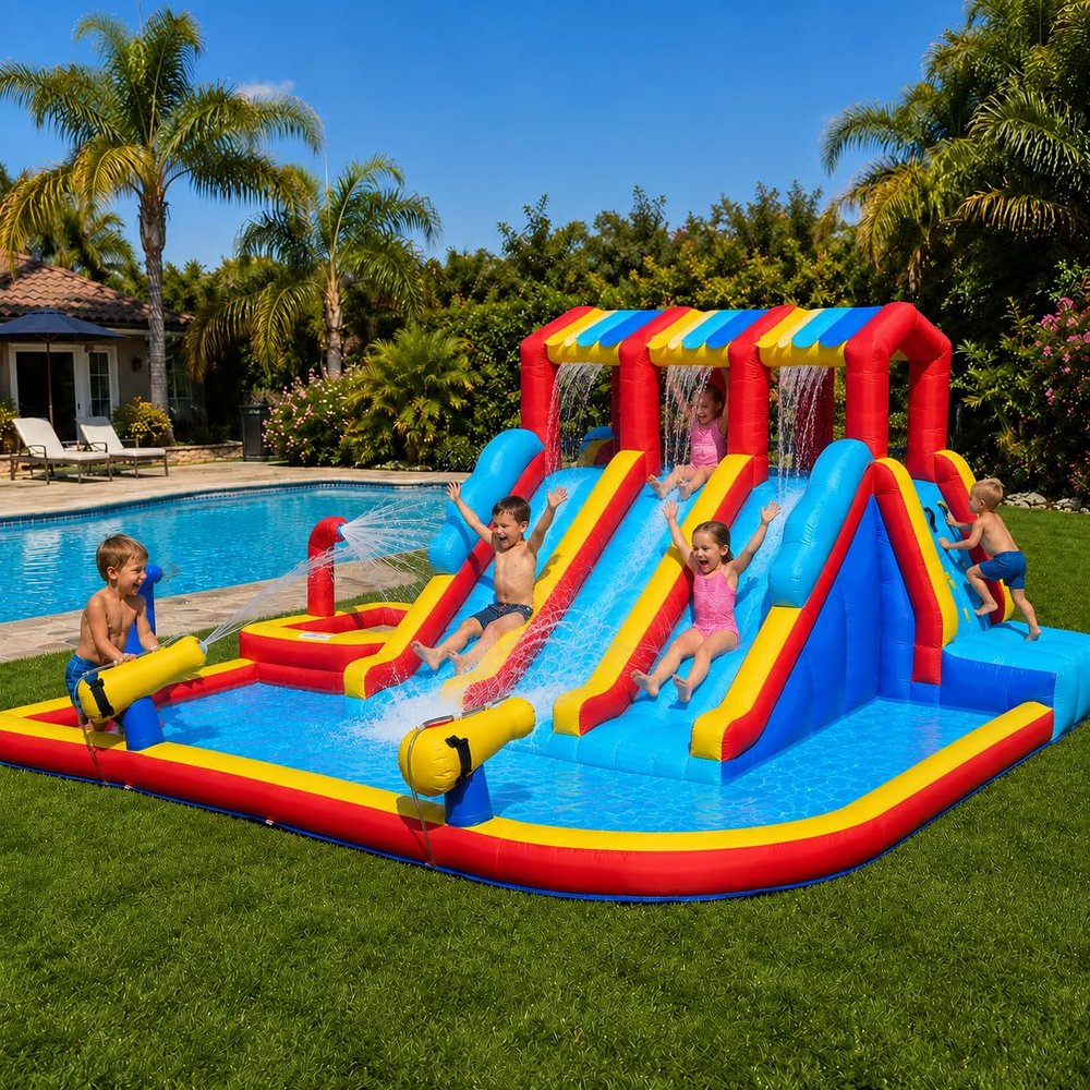 14.3FT Oxford Inflatable Water Slide Family Version Water Park Built in Reservoir Slide Sprinkler Rock Climbing Summer Carnival Pool Party Easy Setup & StorageInclude Blower