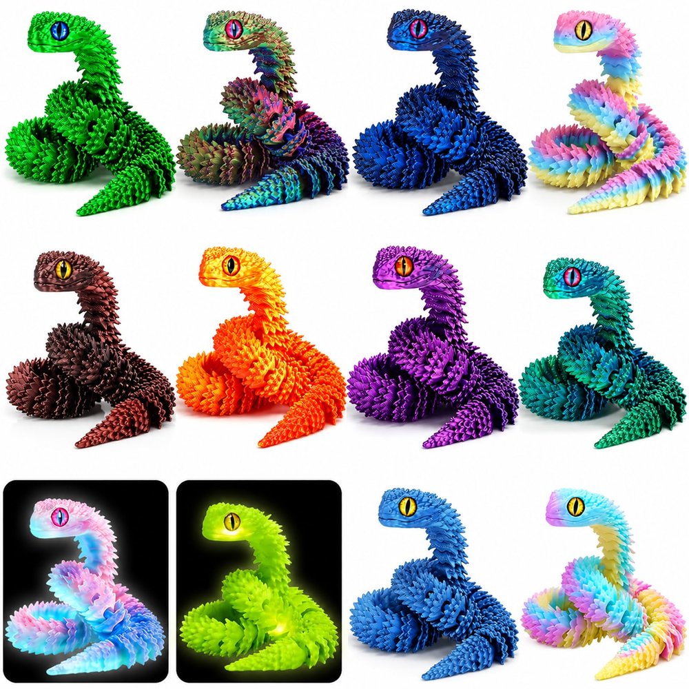 WEEJOYGAM 12 Pcs 3D Printed Snake Toy Set, 12 Inch 3D Printed Animals Figurines, 3-D Printer Cool Print Stuff Desk Pets Office Decor Party Favors, Autism Stress Relief Fidget Toys for Kids Adults Gift