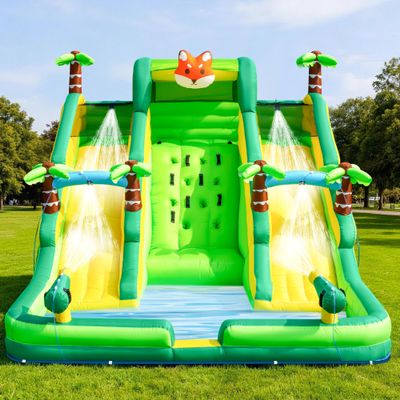 17FT Oxford Inflatable Water Slide Built in Swimming Pool Slide Climbing and Water Spray Device Wet and Dry Dual-Use Family Version Water Park Pool Party Summer Carnival Supplies Easy Setup & Storage