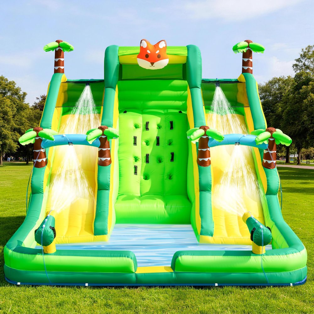 17FT Oxford Inflatable Water Slide Built in Swimming Pool Slide Climbing and Water Spray Device Wet and Dry Dual-Use Family Version Water Park Pool Party Summer Carnival Supplies Easy Setup & Storage