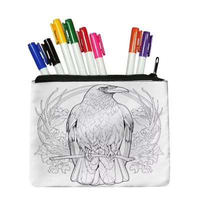 Babrukda DIY Color Your Own Coin Bags with 8 Colored Marker Floral Crow Coloring Crafts for Women Men Colorable Pencil Bag for Party Art Activity Supplies Doodle Craft Kit