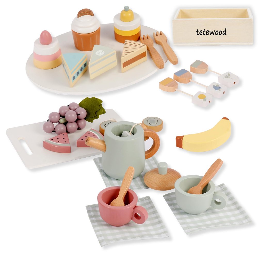 31PCS Tea Sets for Toddlers Girl and Boys Birthday Gift 3 Year Old Princess Party Wooden Play Food Toy Sets for Kids Kitchen Accessories Age 3 4 5 Wood Educational Toys