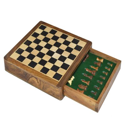 12-Inch Magnetic Travel Chess Set with Drawer Storage Matte Finish Genuine Ebony Wood, Extra Queens