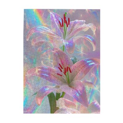 RMYRHQ Iridescent Pinks Lilies with Holographic Sparkles Wood Jigsaw Puzzles for Adults 500pieces Dreamy Floral Art Puzzle Cozy Indoor Relaxation Ideal for Mother's Day and Spring Birthday Gifts
