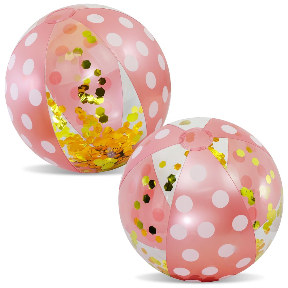 POZA Set of 2 Rose Gold Polka Inflatable Beach Balls Retro Design Beach Balls for Pool with Sparkly Gold Confetti, PVC Vinyl Inflatable Pool Toys for Fun Summer Party and Water Games - 16 Inches