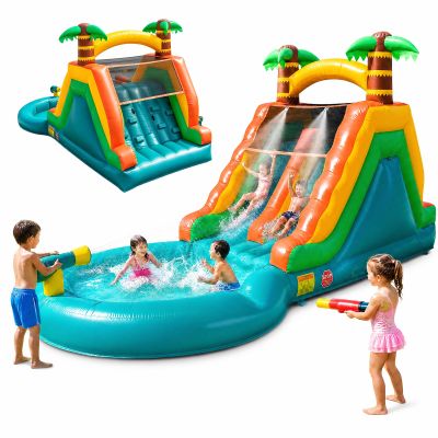 23FT Inflatable Water Slide Bouncer, Giant Double Lane Water Park with Splash Pool, Water Cannon, Climbing Wall, Outdoor Backyard Summer Fun for Family (22FT - Green)