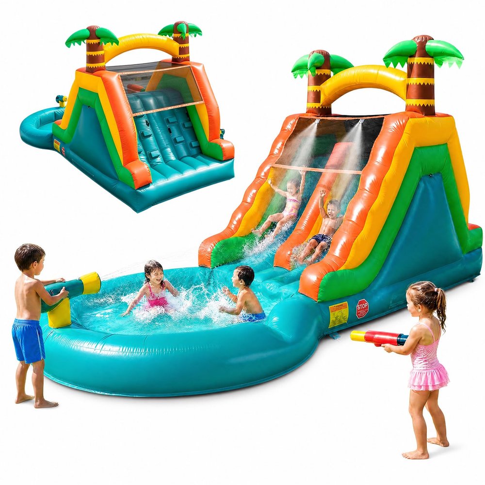 23FT Inflatable Water Slide Bouncer, Giant Double Lane Water Park with Splash Pool, Water Cannon, Climbing Wall, Outdoor Backyard Summer Fun for Family (22FT - Green)