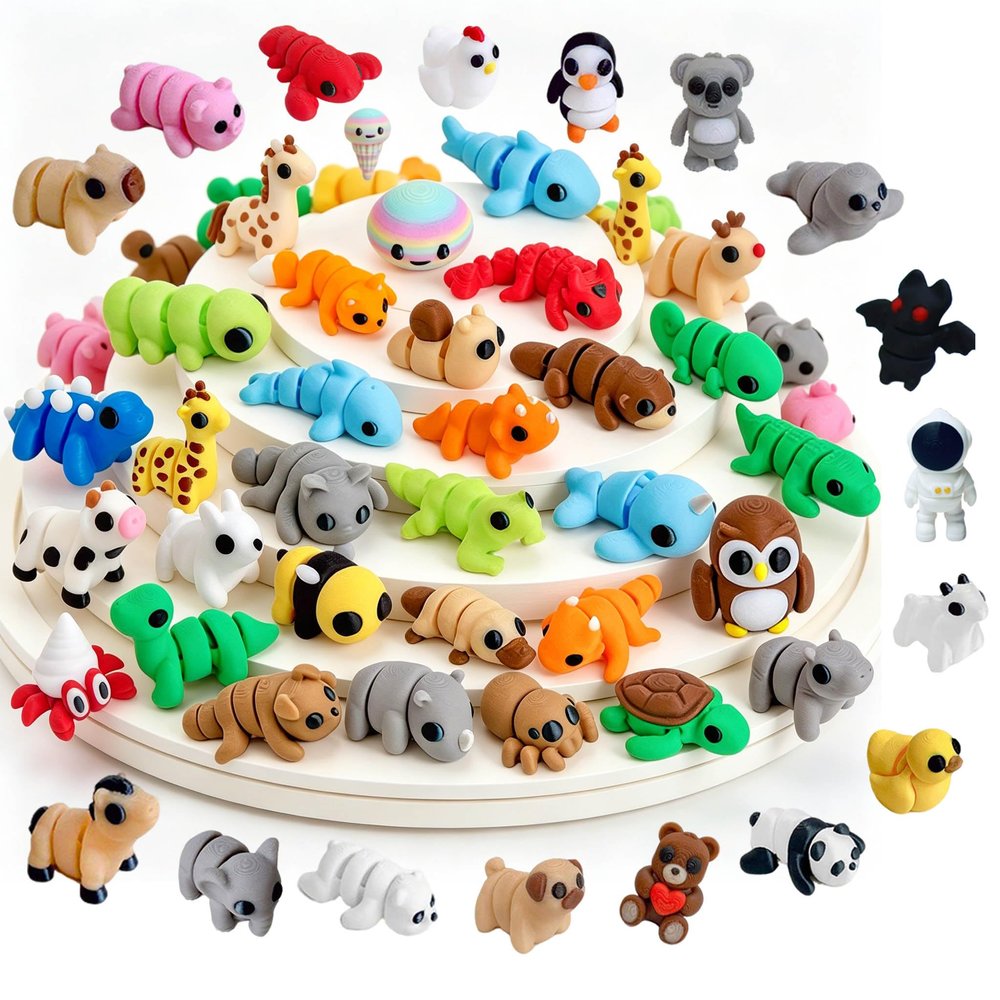 50Pcs 3D Printed Articulated Animal Figurines, Mini Mystery Box Fidget Toys Set, Flexible Surprise Creatures for Kids Adults, Party Favors, Classroom Rewards, Stocking Stuffers, Goodie Bag Filler