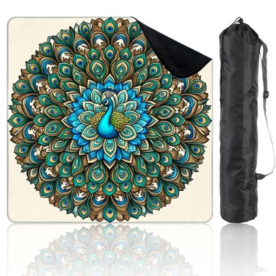 31.5" x 31.5" Mahjong Mat for Table with Carrying Bag Peacock Mandala Teal Blue Gold Ornamental Feathers Non-Slip Noise-Reducing Game Mat Mahjong Accessories for Poker Dominoes Board Games