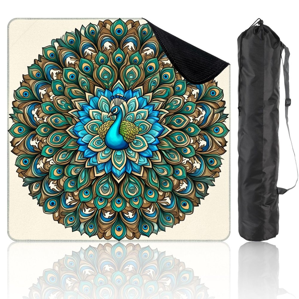 31.5" x 31.5" Mahjong Mat for Table with Carrying Bag Peacock Mandala Teal Blue Gold Ornamental Feathers Non-Slip Noise-Reducing Game Mat Mahjong Accessories for Poker Dominoes Board Games