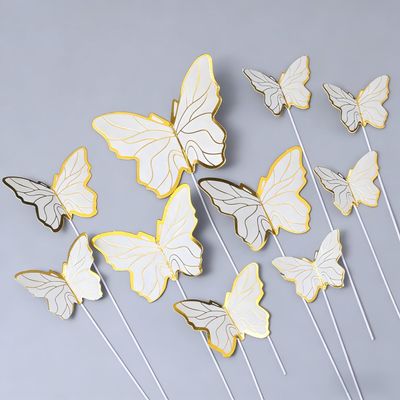 10pcs Cake Topper Ornaments Beautiful Butterflies Gold Trim for Birthday Wedding Anniversary Party Decoration Gift (White with Gold Trim)