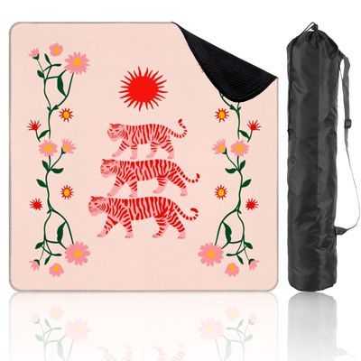 31.5" x 31.5" Mahjong Mat for Table with Carrying Bag Red Tigers Sun Pink Floral Non-Slip Noise-Reducing Game Mat Mahjong Accessories for Poker Dominoes Mother's Day