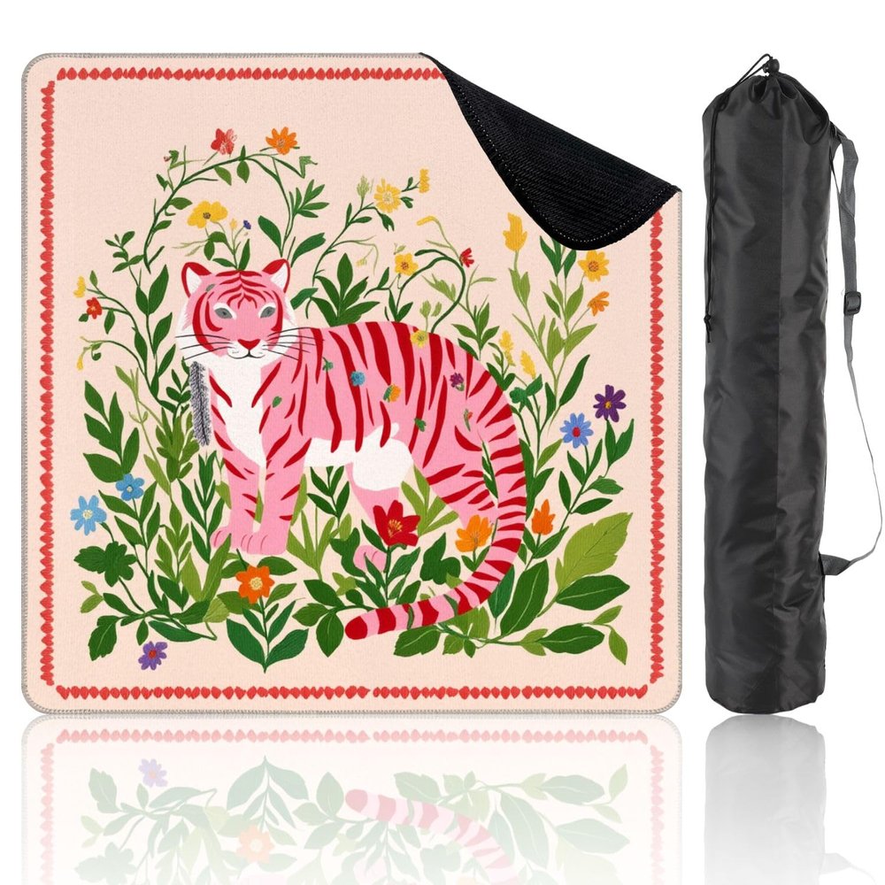 31.5" x 31.5" Mahjong Mat for Table with Carrying Bag Pink Tiger Surrounded by Vibrant Wildflowers Greenery Non-Slip Noise-Reducing Game Mat Mahjong Accessories for Poker Dominoes Mother's Day