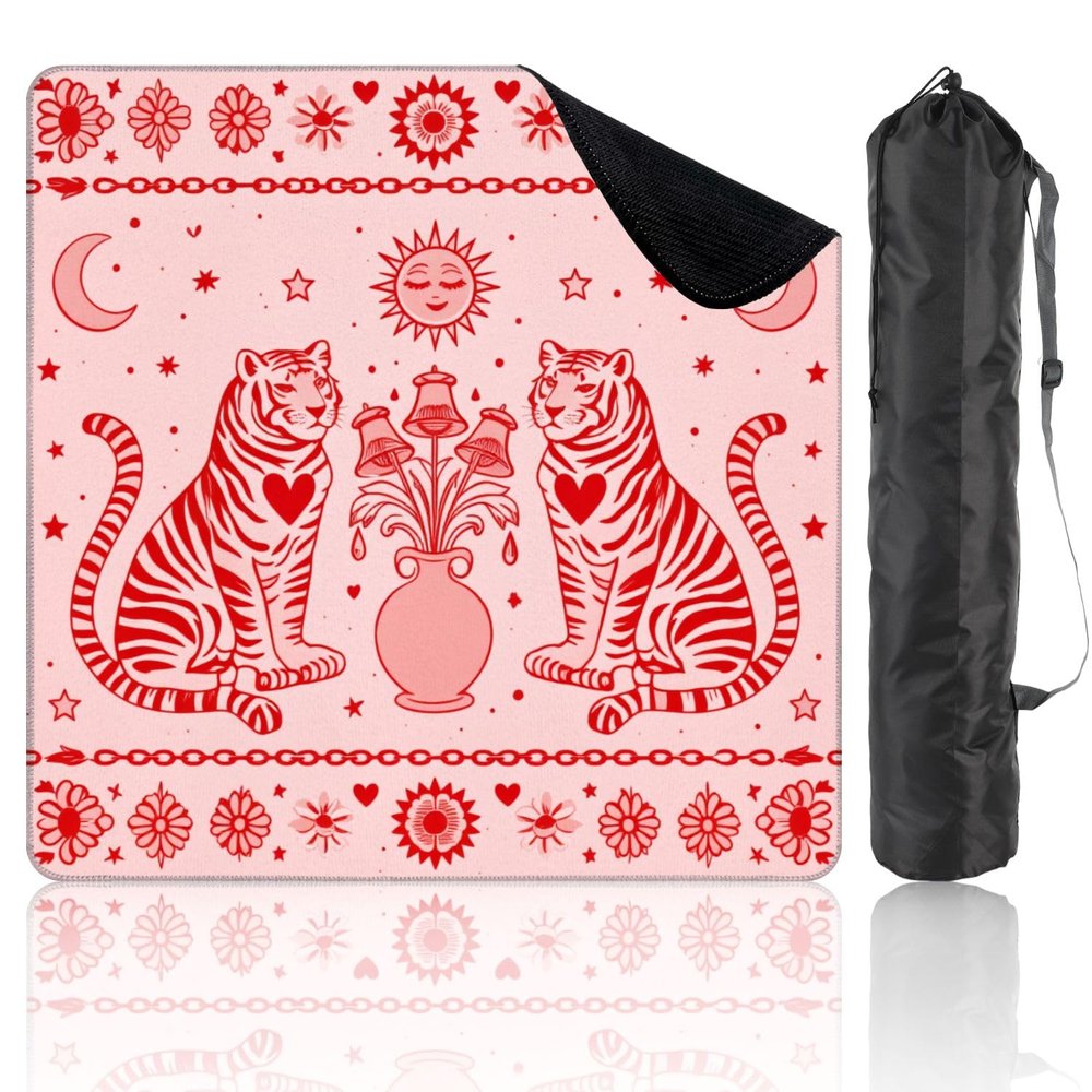 31.5" x 31.5" Mahjong Mat for Table with Carrying Bag Tigers Hearts Folk Art Symmetrical Vase Flowers Sun Non-Slip Noise-Reducing Game Mat Mahjong Accessories for Poker Dominoes Mother's Day