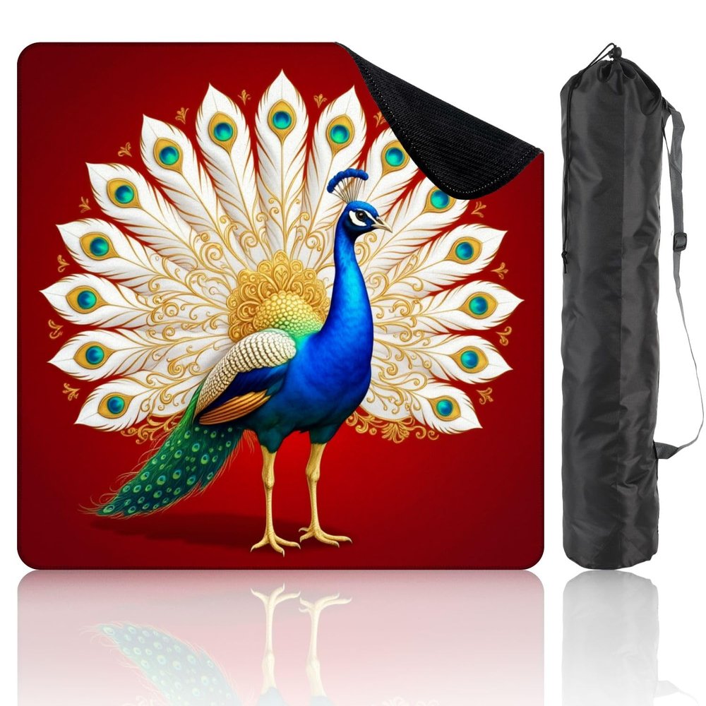 31.5" x 31.5" Mahjong Mat for Table with Carrying Bag Vibrant Peacock Intricate Feather Display Golden Non-Slip Noise-Reducing Game Mat Mahjong Accessories for Poker Dominoes Board Games