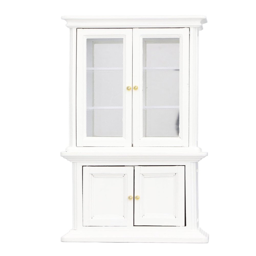 1:12 Scale Miniature Bookshelf, Dollhouse Furniture Cabinet with Double Openable Doors, Birch Wood Mini Shelf for Doll House Decoration, Elegant 1/12 Scale Display Cabinet (White)